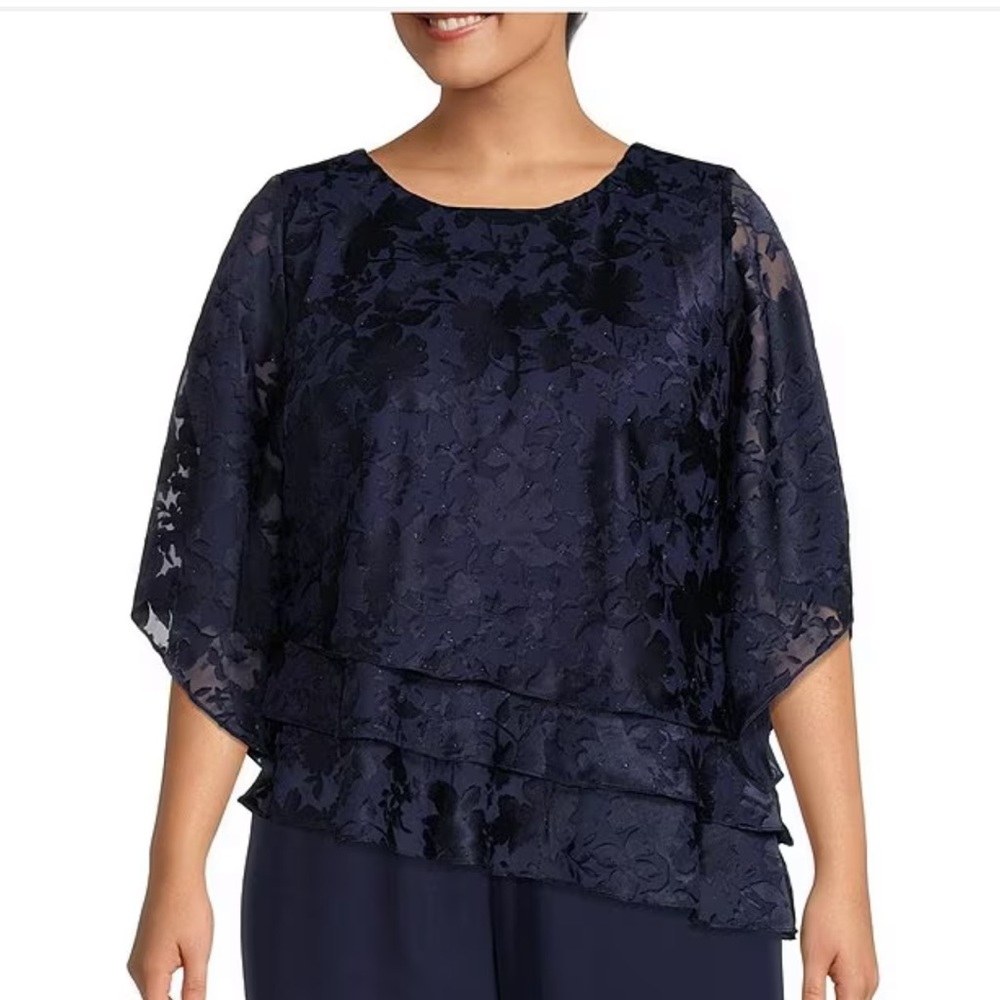 Alex Evenings Tiered Hem Round Neck 3/4 Illusion Sleeve Burnout Floral Blouse